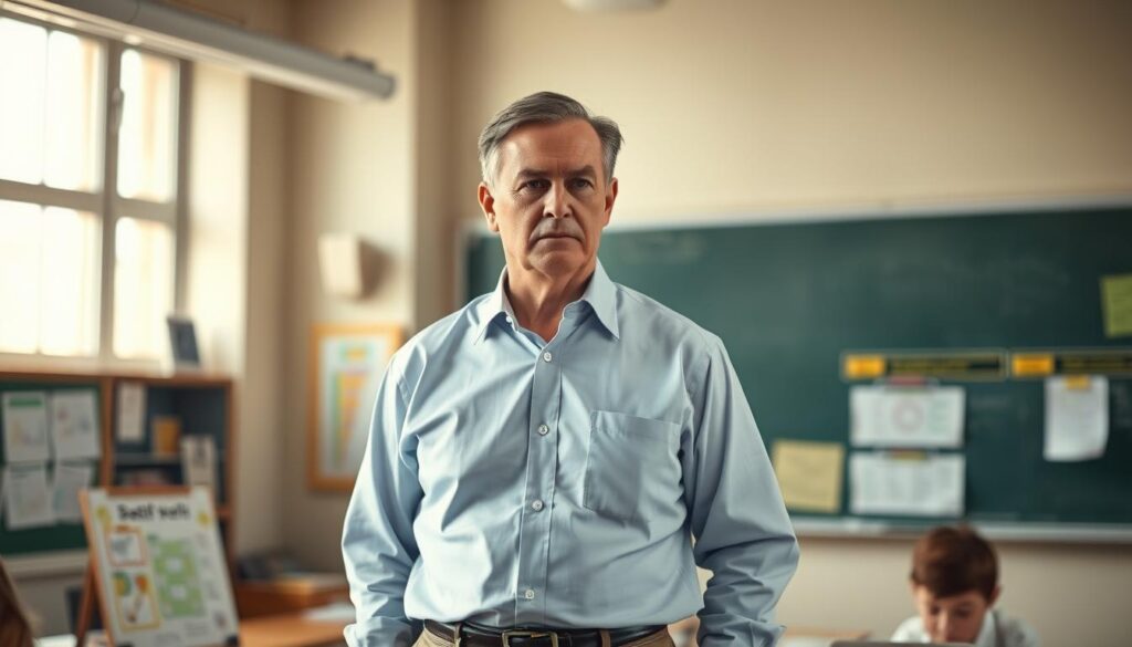 A classroom setting with a middle-aged teacher standing at the front of the room, dressed in a crisp, button-down shirt and slacks. The teacher's expression is stern yet thoughtful, their gaze directed towards the students. The classroom is well-lit, with soft, warm lighting from large windows casting a gentle glow. The background features a chalkboard or whiteboard, with educational materials and charts displayed. The overall atmosphere conveys a sense of intellectual rigor and academic discipline, reflecting the teacher's role as a guide and mentor.