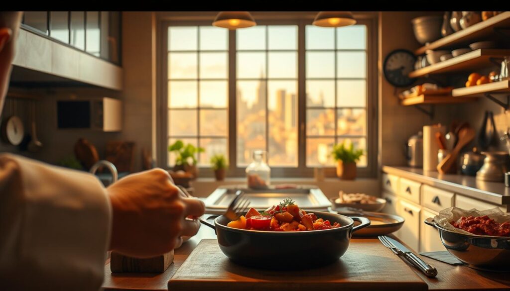 A cozy kitchen setting with a focus on the preparation of iconic movie dishes. In the foreground, a chef's hands carefully assemble a visually striking dish, perhaps a ratatouille or a hearty stew, mirroring the techniques seen on the silver screen. The middle ground showcases an array of familiar cooking implements and ingredients, evoking the atmosphere of a cinematic kitchen. In the background, a large window frames a cinematic cityscape, bathed in warm, golden lighting that enhances the nostalgic and aspirational mood. The overall composition suggests the fusion of the domestic and the cinematic, inviting the viewer to imagine themselves as the protagonist of their own culinary adventure.