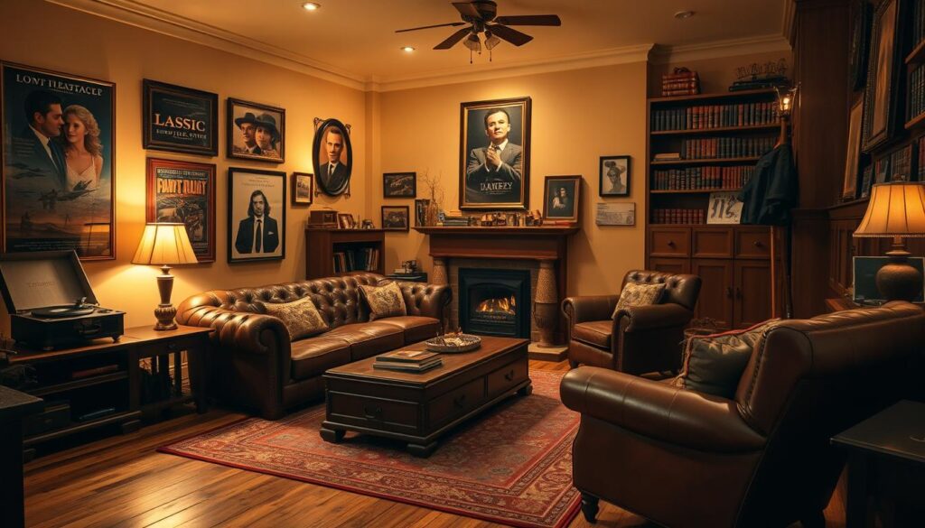 A cozy living room with a warm, cinematic atmosphere. The room is bathed in soft, golden lighting, creating a subtle and inviting ambiance. Plush, vintage-inspired furniture, including a deep-tufted leather sofa and matching armchair, take center stage. The walls are adorned with elegant, framed movie posters and film memorabilia, transporting the viewer into a world of classic cinema. A large, wooden bookshelf filled with leather-bound books and a vintage record player add to the timeless, movie-inspired aesthetic. The hardwood floors are covered by a lush, patterned area rug, and a crackling fireplace casts a gentle glow throughout the space. The overall scene evokes a sense of cozy sophistication, seamlessly blending the comfort of a lived-in home with the cinematic flair of a beloved film set.