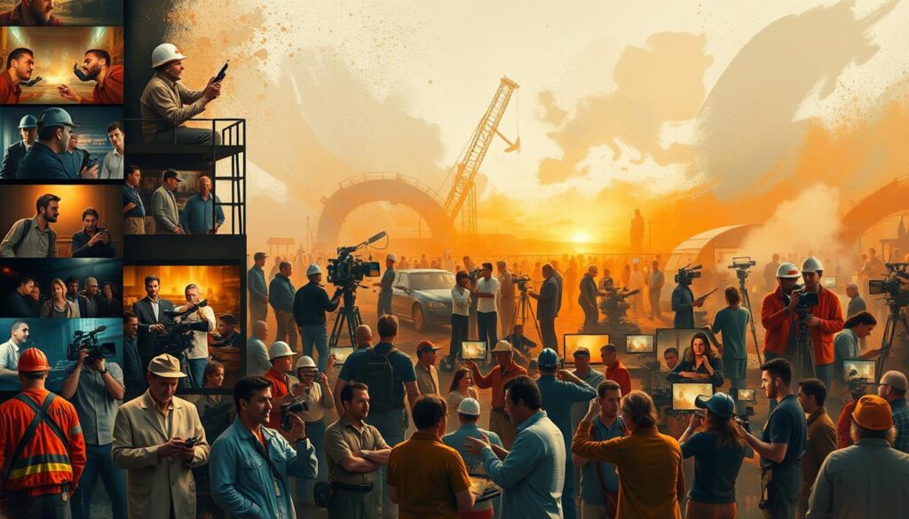 A diverse array of film productions centered on various professions, captured in a visually compelling tableau. The foreground features a collage of cinematic scenes, showcasing the diverse range of occupations explored in modern cinema - from the gritty realism of blue-collar work to the glamour of the entertainment industry. In the middle ground, a sweeping panorama of film sets, production crews, and actors at work, illuminated by warm, cinematic lighting that evokes the behind-the-scenes magic of moviemaking. The background is a stylized, abstract representation of the creative and technical processes that bring these stories to life, with bold, dynamic brushstrokes and a vibrant color palette that conveys the energy and artistry of the filmmaking craft.
