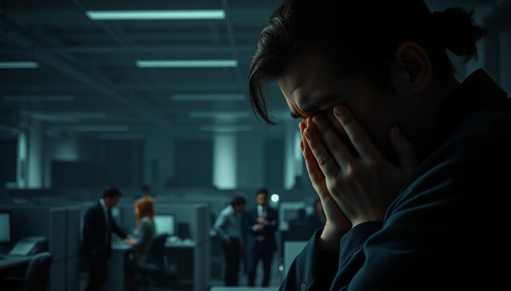 A dramatic, cinematic scene of hardship and struggle in the workplace. In the foreground, a distraught office worker, face buried in hands, conveying the emotional turmoil of a demanding job. Dim lighting casts shadows, creating a somber, pensive atmosphere. In the middle ground, coworkers huddle, expressions strained, reflecting the weighty pressures of corporate life. The background depicts an imposing, soulless office landscape, towering cubicles and gray, austere architecture symbolizing the dehumanizing nature of modern work. The overall tone is one of melancholy and unease, capturing the difficult themes of "Dramaty o pracy".