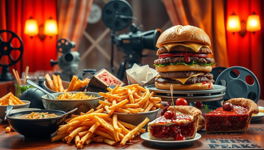 A lavish feast of iconic movie dishes, captured in a cinematic still life. The foreground showcases a sumptuous spread of recognizable culinary classics - a steaming bowl of ramen from "Tampopo", a towering Big Kahuna burger from "Pulp Fiction", and a delectable slice of cherry pie from "Twin Peaks". The middle ground features a vintage movie camera, film reels, and other cinematic paraphernalia, hinting at the cultural significance of these legendary edibles. The background is bathed in a warm, nostalgic glow, evoking the cozy ambiance of a classic movie theater. Crisp, high-resolution photography with a shallow depth of field draws the viewer's eye to the mouthwatering display, showcasing the cinematic power of these iconic dishes.