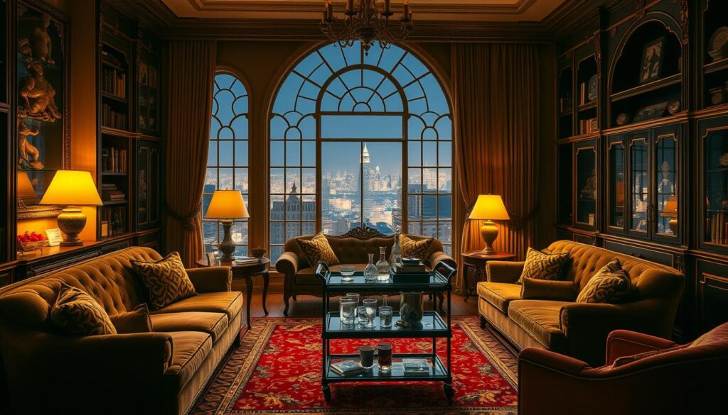 A luxurious, cinematic living room bathed in warm, golden lighting. Plush velvet sofas and armchairs sit atop a rich, patterned rug, creating a cozy, intimate atmosphere. Ornate bookshelves and display cabinets line the walls, filled with antique curiosities and classic film memorabilia. A grand, multi-paned window frames a breathtaking cityscape beyond, the lights of the metropolis twinkling in the distance. A stylish bar cart stands ready, its crystal decanters and gleaming glassware beckoning. Soft, ambient music plays, setting the mood for an evening of sophisticated entertainment, as if transported into the world of a beloved film.