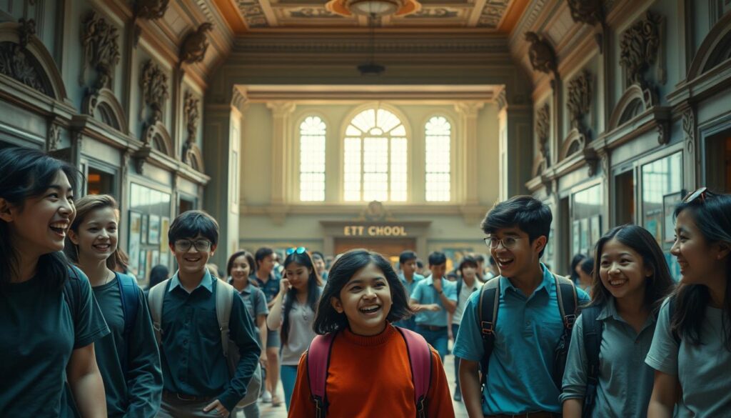 A vibrant, cinematic depiction of the diverse adventures and experiences that unfold within the walls of a dynamic school setting. The foreground showcases a group of students engaged in lively interactions, their expressions and body language reflecting the joyful, lighthearted nature of their scholastic pursuits. The middle ground reveals the bustling hallways and classrooms, teeming with a rich tapestry of academic and social activities. In the background, the architectural elements of the school building, such as grand entryways, towering windows, and ornate details, create a sense of grandeur and historical significance. The lighting is warm and inviting, casting a soft, cinematic glow that enhances the overall sense of storytelling. The composition strikes a balance between realism and a stylized, cinematic aesthetic, capturing the essence of how diverse film genres might depict the multifaceted experience of education.