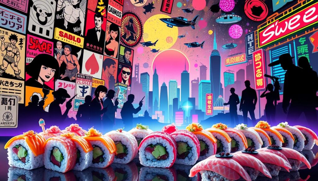 A vibrant, pop-art inspired depiction of sushi embedded within a kaleidoscope of iconic, culturally-significant imagery. In the foreground, a mouthwatering display of freshly prepared sushi rolls, nigiri, and sashimi, artfully arranged against a backdrop of retro video game sprites, comic book panels, and neon-tinged Japanese motifs. The middle ground features silhouettes of famous movie characters, anime protagonists, and video game heroes, all connected by a web of bold, stylized lines and patterns. The distant background showcases a futuristic cityscape of skyscrapers, neon signs, and hovering holograms, evoking the ever-evolving fusion of Japanese cuisine and global pop culture. Vibrant, dynamic lighting casts a warm, energetic glow over the entire scene, capturing the undeniable impact of sushi's rise to worldwide prominence.