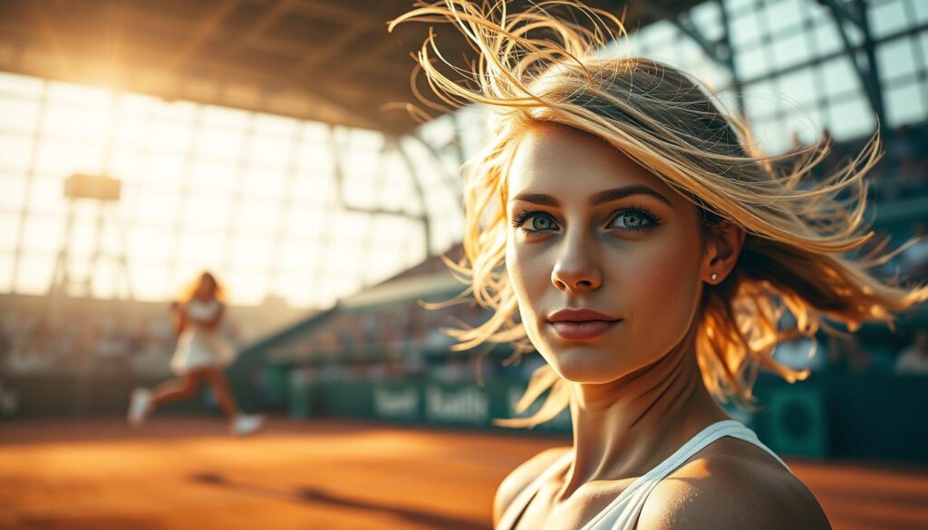 A beautifully composed portrait of Magda Linette, the rising star of women's professional tennis. In the foreground, her serene yet determined gaze captivates, framed by wisps of wind-swept hair. The middle ground features the athlete in action, powering through a powerful groundstroke on a meticulously rendered clay tennis court. In the background, an impressionistic blur of spectators and stadium seating, conveying the high-stakes atmosphere of a grand slam tournament. Warm, soft lighting casts a golden glow, evoking a sense of triumph and accomplishment. The entire scene radiates the dedication, passion, and unwavering drive that have propelled Magda Linette's journey to the top echelons of professional tennis.