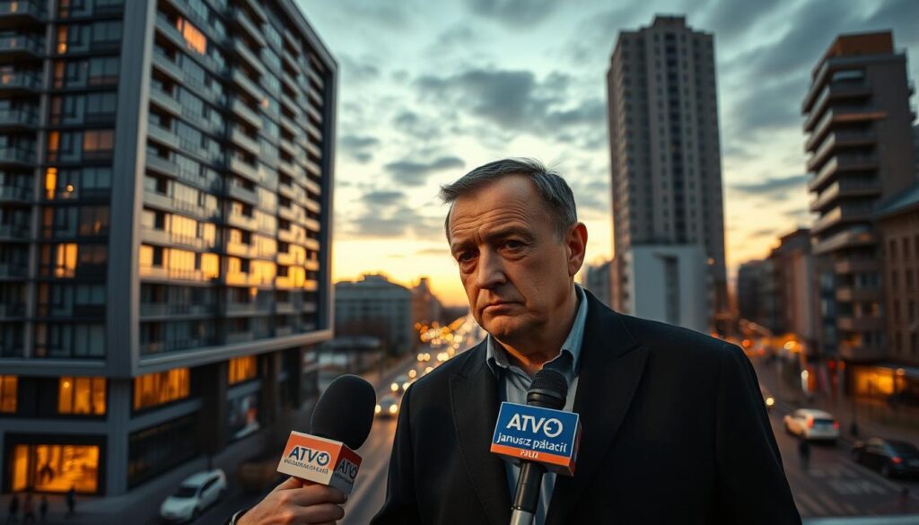 A cityscape of Warsaw, Poland, at dusk, with a focus on the modern apartment complex where Janusz Palikot resides. The building's sleek, angular design and floor-to-ceiling windows create an aura of wealth and success. In the foreground, a news reporter stands, microphone in hand, capturing the scene. The middle ground depicts Palikot himself, a pensive expression on his face, contemplating his recent financial challenges. The background features the bustling streets of the city, hinting at the wider economic and social context. The lighting is warm and cinematic, casting dramatic shadows and highlights to convey the gravity of Palikot's situation. The overall mood is one of introspection and uncertainty, reflecting the "new financial challenges and their consequences" faced by the controversial entrepreneur.