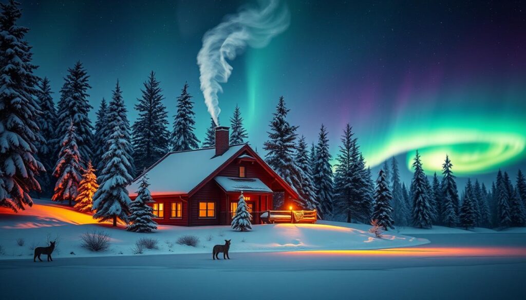 A cozy Scandinavian winter landscape with a traditional red-roofed wooden house nestled among snow-covered pines. The warm glow of firelight emanates from the windows, inviting the viewer to imagine the home of Mikołaj, the legendary Scandinavian Santa Claus. In the foreground, a frozen lake reflects the Aurora Borealis dancing across the night sky, casting an ethereal light over the tranquil scene. Wisps of smoke curl from the chimney, hinting at the comfort and magic within. The composition evokes a sense of wonder, tradition, and the timeless enchantment of the Scandinavian yuletide. A cozy Scandinavian winter landscape with a traditional red-roofed wooden house nestled among snow-covered pines. The warm glow of firelight emanates from the windows, inviting the viewer to imagine the home of Mikołaj, the legendary Scandinavian Santa Claus. In the foreground, a frozen lake reflects the Aurora Borealis dancing across the night sky, casting an ethereal light over the tranquil scene. Wisps of smoke curl from the chimney, hinting at the comfort and magic within. The composition evokes a sense of wonder, tradition, and the timeless enchantment of the Scandinavian yuletide.