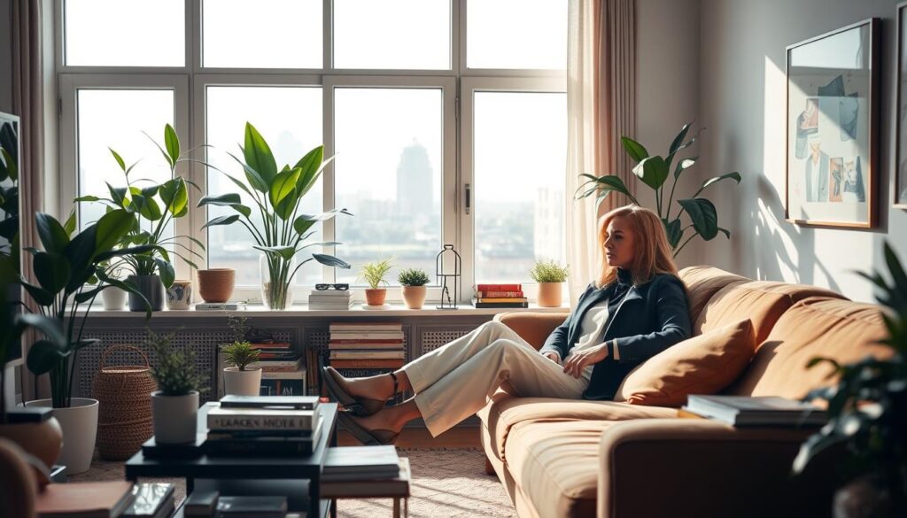 A cozy and well-appointed apartment, filled with natural light streaming through large windows. In the foreground, a stylish and trendy woman, presumed to be "Andziaks", lounges comfortably on a plush sofa, surrounded by plants, books, and various personal items that provide glimpses into her lifestyle and interests. The middle ground showcases tasteful home decor, with minimalist yet chic furnishings that create a warm, inviting atmosphere. The background gently fades into a hazy, blurred cityscape, suggesting an urban setting. The overall scene conveys a sense of domestic tranquility and the private world of an influential individual. A cozy and well-appointed apartment, filled with natural light streaming through large windows. In the foreground, a stylish and trendy woman, presumed to be "Andziaks", lounges comfortably on a plush sofa, surrounded by plants, books, and various personal items that provide glimpses into her lifestyle and interests. The middle ground showcases tasteful home decor, with minimalist yet chic furnishings that create a warm, inviting atmosphere. The background gently fades into a hazy, blurred cityscape, suggesting an urban setting. The overall scene conveys a sense of domestic tranquility and the private world of an influential individual.