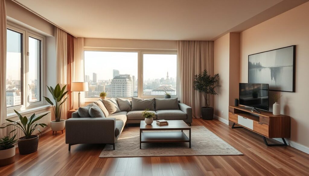 A cozy apartment interior in central Warsaw, Poland. Warm lighting illuminates a modern, minimalist living room with large windows overlooking the city skyline. Plush gray sectional sofa, wooden coffee table, and potted plants create a comfortable, sophisticated ambiance. Soft beige walls, oak hardwood floors, and subtle abstract artwork add elegant touches. Distant skyscrapers and the iconic spire of the Palace of Culture and Science visible through the window, hinting at the urban setting. The space exudes a sense of urban sophistication and refined polish, reflecting the tastes and lifestyle of a prominent Polish politician. A cozy apartment interior in central Warsaw, Poland. Warm lighting illuminates a modern, minimalist living room with large windows overlooking the city skyline. Plush gray sectional sofa, wooden coffee table, and potted plants create a comfortable, sophisticated ambiance. Soft beige walls, oak hardwood floors, and subtle abstract artwork add elegant touches. Distant skyscrapers and the iconic spire of the Palace of Culture and Science visible through the window, hinting at the urban setting. The space exudes a sense of urban sophistication and refined polish, reflecting the tastes and lifestyle of a prominent Polish politician.