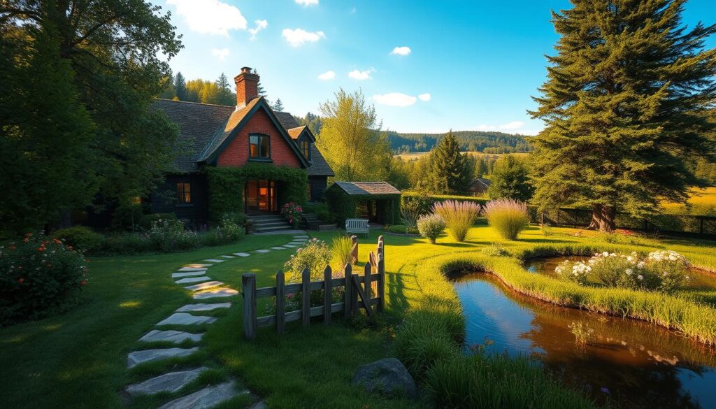 A cozy countryside cottage nestled in a lush, verdant landscape, its rustic charm complemented by the tranquil surroundings. The warm glow of natural light filters through the large windows, casting a peaceful ambiance. Winding pathways lead through a well-tended garden, dotted with vibrant flowers and a quaint wooden fence. A serene pond reflects the azure sky, its surface rippling gently. This picturesque scene exudes a sense of privacy and seclusion, making it a captivating and intriguing place for the popular YouTuber Palion to call home.