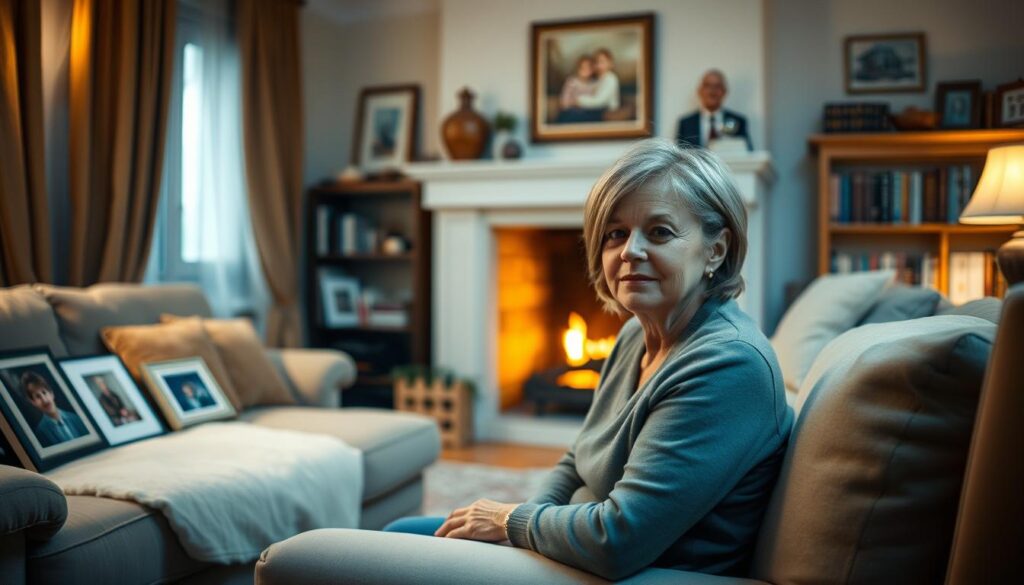 A cozy, intimate living room scene captures the private life of Róża Thun, the Polish member of the European Parliament. Soft lighting illuminates her seated figure, surrounded by plush furnishings and personal mementos - family photographs, books, and a warm fireplace in the background. The mood is serene and reflective, conveying a sense of her off-duty, private moments away from the public eye. The camera angle is slightly elevated, creating a sense of observing Thun's private sanctuary with respect and discretion.