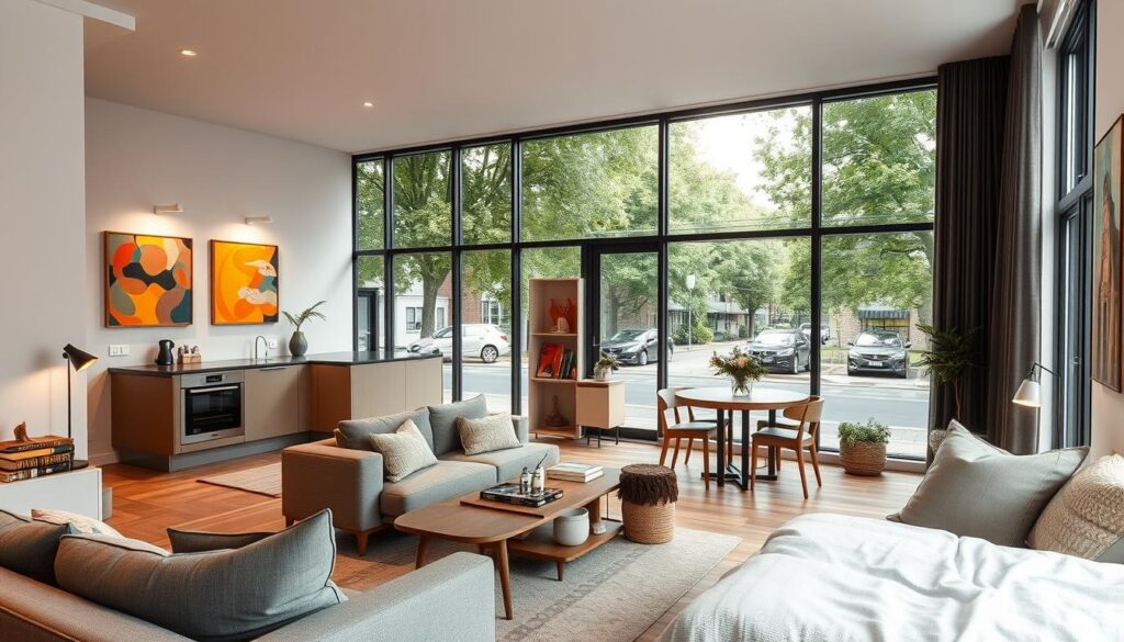 A cozy modern apartment in Skolim, with a warm, inviting atmosphere. A spacious living room with large windows overlooking a lush, tree-lined street. Minimalist furniture in shades of gray and beige, accented by vibrant artworks on the walls. The kitchen, with clean lines and sleek appliances, opens to a dining area illuminated by soft, indirect lighting. In the bedroom, a plush bed and natural textures create a serene, sanctuary-like ambiance. Throughout the space, a subtle blend of industrial and Scandinavian design elements reflects the artistic sensibilities of the resident, Skolim.