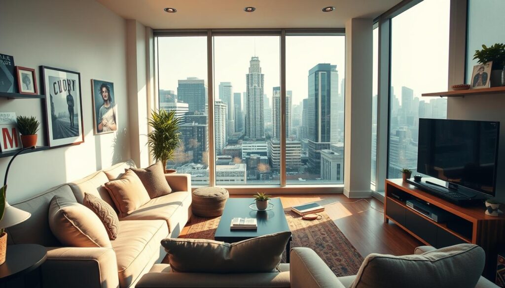 A cozy, modern apartment nestled in a bustling urban setting. The camera captures a mid-shot, showcasing a well-lit living room with large windows overlooking a vibrant city skyline. Plush, comfortable furniture invites the viewer to imagine the space inhabited by a content and successful YouTuber. Subtle personal touches, such as stylish decor and a gaming setup, hint at the owner's interests and lifestyle. The lighting is warm and inviting, creating a sense of peace and productivity. The overall atmosphere exudes a balance of professionalism and personal comfort, reflecting the successful and grounded persona of the YouTuber, NitroZyniak.