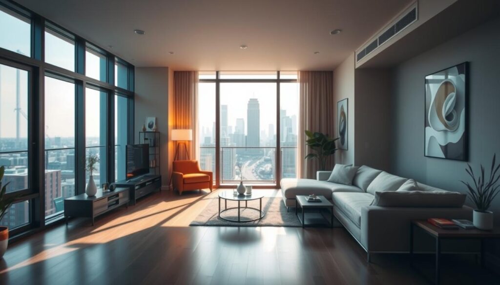 A cozy, modern apartment nestled in a vibrant urban setting. The foreground features a spacious living room with floor-to-ceiling windows, allowing natural light to flood the space. Sleek, minimalist furniture and decor create a serene atmosphere, while a large, L-shaped sofa invites relaxation. In the middle ground, a small balcony overlooks a bustling city street, with skyscrapers and a lively cityscape in the background. The lighting is soft and warm, casting a gentle glow throughout the room. The overall mood is one of comfortable sophistication, reflecting the creative spirit and lifestyle of the apartment's resident, Rezi, a renowned gaming creator.