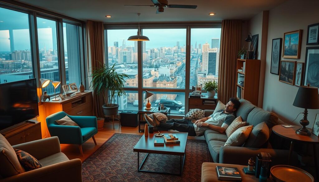 A cozy, modern apartment situated in a vibrant urban setting. The protagonist, Rafix, is lounging comfortably in his living room, surrounded by an eclectic mix of mid-century furnishings and personal memorabilia. Warm, diffused lighting emanates from hidden sources, creating a welcoming ambiance. The cityscape visible through large windows provides a glimpse of the bustling world beyond. The scene conveys a sense of Rafix's individuality and the comfortable, relaxed lifestyle he enjoys as the charismatic star of the "Chłopaki do Wzięcia" TV series.