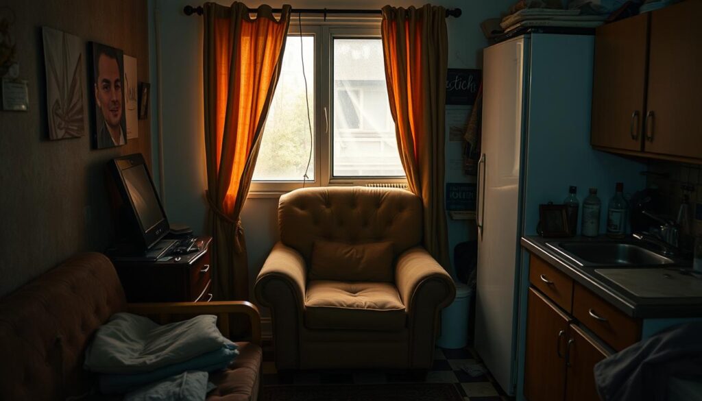 A cozy, modest apartment nestled in the heart of a bustling city, home to the notorious internet personality, Kononowicz. The small, dimly lit living room is dominated by an old, well-worn armchair, its cushions bearing the imprint of countless hours spent in idle contemplation. Frayed curtains partially obscure the grimy window, casting a warm, amber glow over the cluttered space, filled with discarded trinkets and forgotten memorabilia. A modest kitchenette in the corner, its countertops littered with empty bottles and unwashed dishes, hints at a solitary, disorganized existence. The overall atmosphere conveys a sense of isolation and melancholy, reflecting the subject's eccentric and reclusive lifestyle.