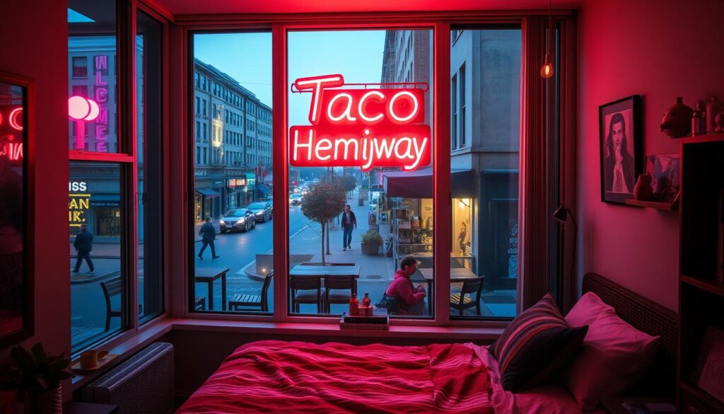 A cozy one-bedroom apartment, nestled in the heart of a bustling city. Through the large windows, a vibrant street scene comes into view, with cafes, shops, and the occasional passerby. In the center of the frame, a neon sign flickers, spelling out the name "Taco Hemingway" in bold, retro-inspired lettering. The apartment itself is sparsely furnished, with a minimalist aesthetic and hints of the resident's eclectic style. The lighting is warm and inviting, casting a soft glow over the scene. A sense of intrigue and mystery permeates the image, hinting at the life and creative pursuits of the elusive Taco Hemingway.