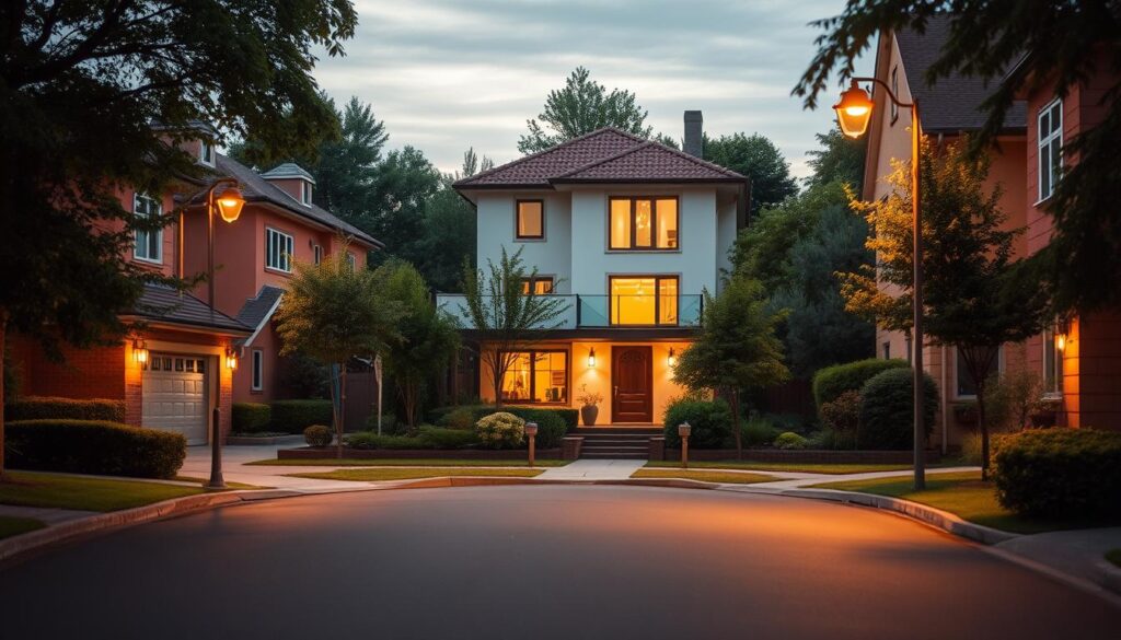 A cozy residential street in a peaceful suburban neighborhood, with lush greenery and warm-toned buildings. In the middle of the frame, a modern, two-story house with a neat, well-manicured garden, illuminated by soft, natural lighting. The front door is slightly ajar, hinting at the occupant's presence. The scene conveys a sense of tranquility and privacy, suitable for showcasing the private life and training ground of the renowned athlete, Marcin Różalski.
