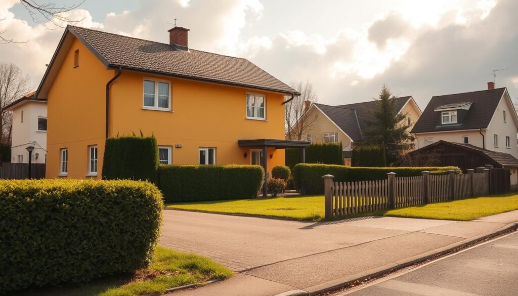 A cozy two-story house nestled in a quiet suburban neighborhood, its warm yellow facade and neatly trimmed hedges suggesting a well-cared-for home. The driveway leads to a detached garage, and a modest wooden fence encloses a small, well-manicured lawn. Gentle sunlight filters through fluffy clouds, casting a soft, inviting glow over the scene. The atmosphere exudes a sense of domestic tranquility, hinting at the private life of its occupant, Michał Kołodziejczak, the prominent leader of the Agrounia movement.
