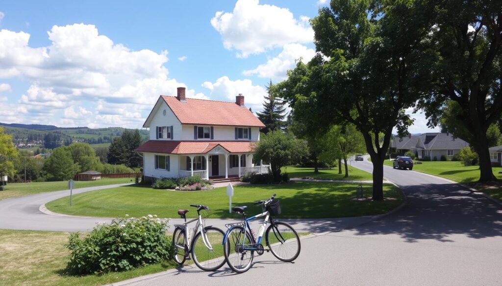 A cozy two-story suburban house nestled on a quiet tree-lined street, with a neatly manicured lawn and a well-tended flower garden in the front. The house has a warm, inviting facade, with a red-tiled roof, white siding, and large windows that let in natural light. In the foreground, a pair of bicycles are parked on the driveway, hinting at an active, outdoor-oriented lifestyle. The middle ground features a well-paved road winding through the neighborhood, flanked by lush greenery and the occasional parked car. The background is a serene landscape, with rolling hills and a clear blue sky dotted with fluffy white clouds, creating a sense of tranquility and escape from the hustle and bustle of city life. A cozy two-story suburban house nestled on a quiet tree-lined street, with a neatly manicured lawn and a well-tended flower garden in the front. The house has a warm, inviting facade, with a red-tiled roof, white siding, and large windows that let in natural light. In the foreground, a pair of bicycles are parked on the driveway, hinting at an active, outdoor-oriented lifestyle. The middle ground features a well-paved road winding through the neighborhood, flanked by lush greenery and the occasional parked car. The background is a serene landscape, with rolling hills and a clear blue sky dotted with fluffy white clouds, creating a sense of tranquility and escape from the hustle and bustle of city life.