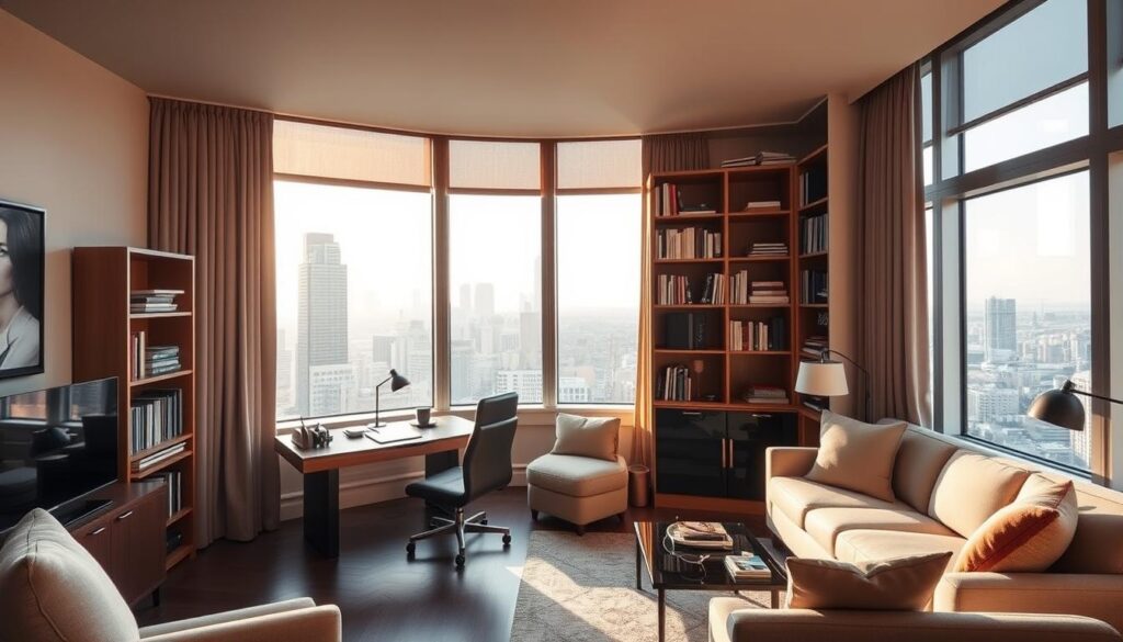 A cozy, well-appointed apartment in a modern high-rise, bathed in warm, natural light streaming through large windows overlooking a bustling city skyline. The interior features clean lines, minimalist furniture, and tasteful decor that reflects the refined, professional aesthetic of Piotr Tymochowicz, a respected image consultant. A desk in the corner, flanked by towering bookshelves, suggests a space for quiet contemplation and work. The overall atmosphere conveys a sense of relaxed sophistication, a reflection of Piotr's discerning personal style and attention to detail.