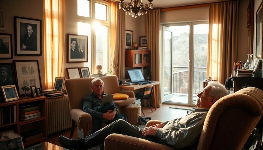 A cozy, well-appointed apartment interior, bathed in warm, golden light filtering in through large windows. In the foreground, a distinguished-looking man in his 60s, Stanisław Tym, relaxes in a plush armchair, lost in thought. On the walls, framed photographs and artwork hint at his creative pursuits and personal interests. The middle ground features a neatly organized workspace, with a laptop, books, and various personal mementos. The background reveals a glimpse of a private balcony or terrace, suggesting a peaceful retreat from the outside world. The overall atmosphere conveys a sense of quiet contemplation and the comfort of a life well-lived.