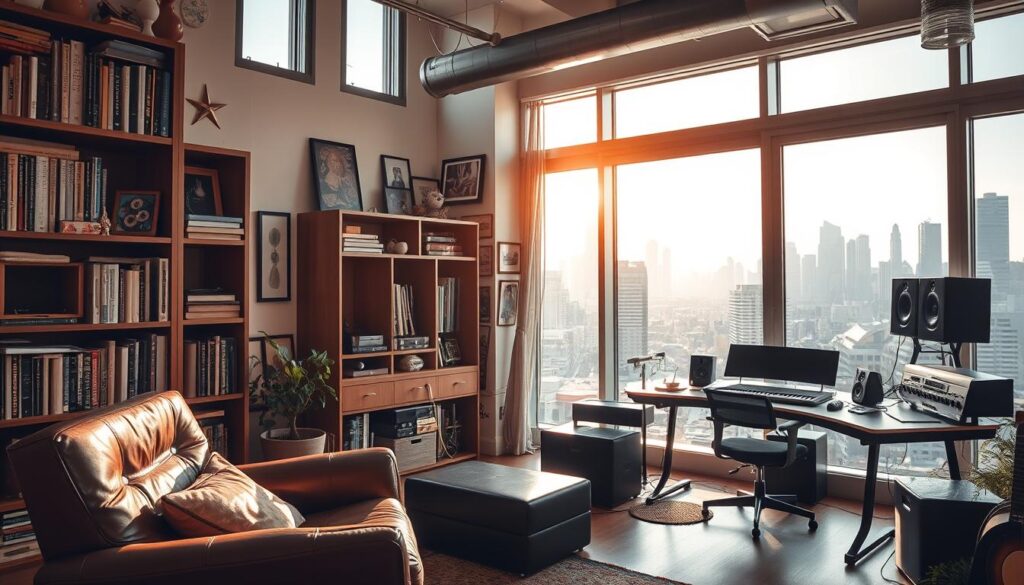 A cozy, well-appointed apartment nestled in a bustling urban neighborhood. The interior is filled with warm, natural light streaming through large windows, illuminating sleek, modern furniture and an eclectic mix of personal mementos and artwork. In the foreground, a comfortable leather armchair sits next to a floor-to-ceiling bookshelf, hinting at the intellectual pursuits of the resident. In the middle ground, a state-of-the-art recording setup, complete with high-end audio equipment and a sleek, minimalist desk, suggests this is the creative sanctuary of a musical artist. The background reveals a scenic view of the city skyline, its towering skyscrapers and bustling streets visible through the window, creating a sense of the apartment's integration with the dynamic urban environment.