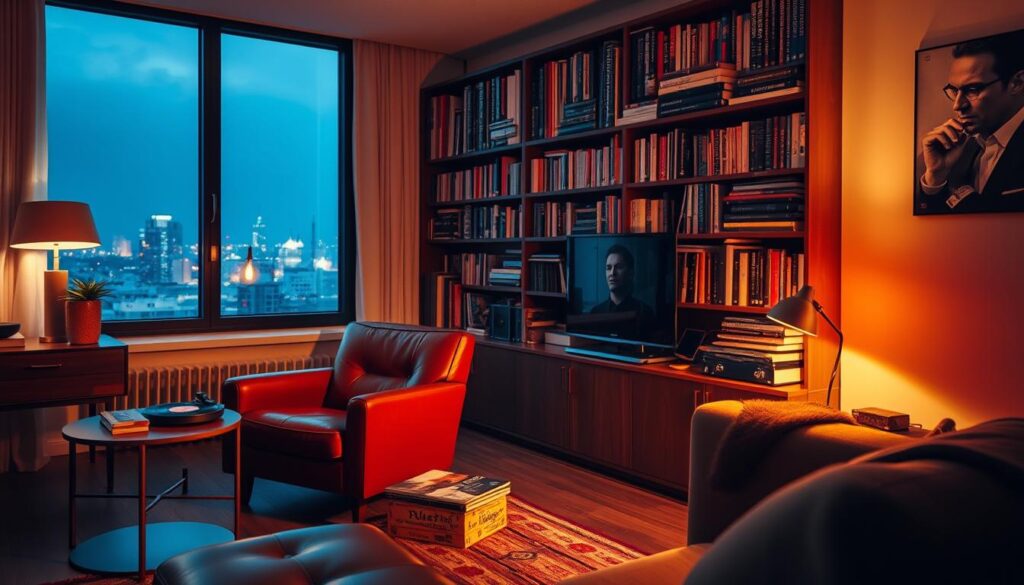 A cozy, well-appointed apartment with warm, muted lighting illuminates the private life of Taco Hemingway, the renowned Polish rapper. In the foreground, a plush leather armchair sits beside a sleek, modern side table, upon which rests a vinyl record player and a collection of vinyls. The middle ground showcases a large, wall-mounted bookshelf filled with volumes on music, art, and literature, reflecting Taco's diverse interests. The background features a large window overlooking a vibrant city skyline, hinting at the urban setting that has inspired the artist's work. The overall atmosphere is one of refined elegance and creative contemplation, offering a glimpse into the personal realm of this influential figure.