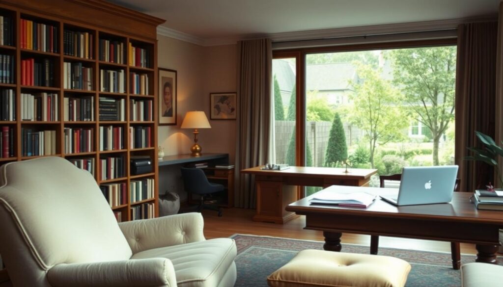 A cozy, well-appointed home interior with warm lighting and inviting furnishings. In the foreground, a plush armchair sits next to a neatly organized bookshelf, hinting at the resident's intellectual pursuits. The middle ground features a large, wood-paneled desk with a laptop and papers, suggesting the daily work routines of the occupant. The background showcases a large window overlooking a serene, tree-lined garden, creating a tranquil atmosphere. The overall scene conveys a sense of refined, contemplative living, befitting the lifestyle of the renowned Polish publicist.