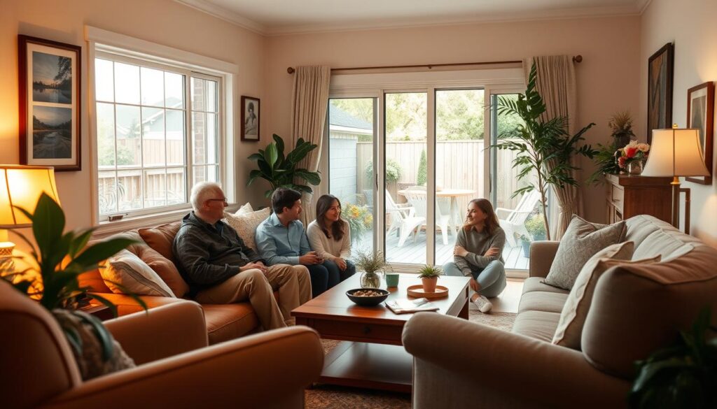 A cozy, well-appointed living room with a plush sofa and armchair, soft lighting from table lamps, and lush indoor plants creating a warm, inviting atmosphere. In the center, a family gathered around a coffee table, deeply engaged in conversation, their expressions reflecting a sense of intimacy and connection. The walls are adorned with framed family portraits, capturing precious moments. Through a large window, a glimpse of a picturesque backyard with a wooden deck, hinting at the private, tranquil life they lead. The overall scene conveys a sense of domestic bliss and the cherished moments of this close-knit family. A cozy, well-appointed living room with a plush sofa and armchair, soft lighting from table lamps, and lush indoor plants creating a warm, inviting atmosphere. In the center, a family gathered around a coffee table, deeply engaged in conversation, their expressions reflecting a sense of intimacy and connection. The walls are adorned with framed family portraits, capturing precious moments. Through a large window, a glimpse of a picturesque backyard with a wooden deck, hinting at the private, tranquil life they lead. The overall scene conveys a sense of domestic bliss and the cherished moments of this close-knit family.
