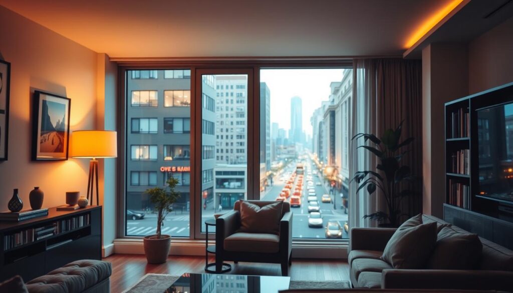 A cozy, well-lit apartment interior in a modern, urban setting. The foreground features a comfortable living room with a large window overlooking a bustling city street. Soft, warm lighting illuminates the space, casting a inviting glow. The middle ground showcases a neatly arranged bookshelf and a cushioned armchair, conveying a sense of homeliness. The background reveals a glimpse of the city skyline through the window, hinting at the location's urban context. The overall atmosphere is one of refined sophistication and quiet contemplation, befitting the home of the renowned actor Leonard Pietraszak.