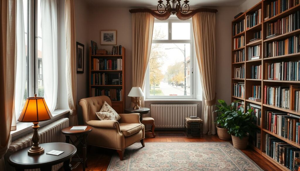 A cozy, well-lit interior of a traditional Polish home, with a warm and inviting atmosphere. In the foreground, a comfortable armchair and a side table with a reading lamp, creating a peaceful nook for contemplation. In the middle ground, bookshelves lining the walls, filled with a diverse collection of volumes, hinting at the occupant's intellectual pursuits. The background features a large window, allowing natural light to flood the space and offer a glimpse of a picturesque, tree-lined street outside, suggesting a quiet, residential neighborhood. The overall scene conveys a sense of intellectual refinement, tranquility, and a life of thoughtful contemplation.