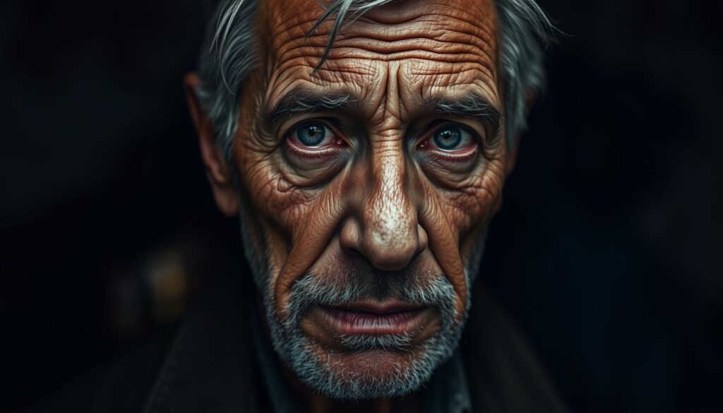 A detailed portrait of Kononowicz's life story, depicted against a dimly lit, introspective backdrop. In the foreground, a close-up of Kononowicz's weathered face, his expression a blend of contemplation and resigned weariness. In the middle ground, a series of vignettes chronicling the key moments of his life - from his early days on the street, to his rise to internet fame, to the struggles and challenges he has faced. The background is shrouded in shadow, hinting at the complexities and hardships that have shaped his journey. Soft, moody lighting casts dramatic shadows, evoking a sense of the inner turmoil and resilience that have defined Kononowicz's remarkable life.