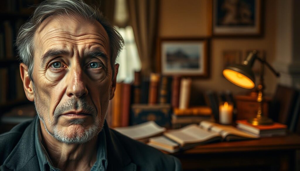 A detailed portrait of Tomasz Lis, a renowned Polish journalist and public figure, set against a warm, introspective backdrop. In the foreground, Lis's weathered, contemplative face is rendered in sharp focus, highlighting his distinctive features and intellectual gaze. The middle ground features a tasteful arrangement of books, papers, and a vintage desk lamp, evoking his professional career and passion for writing. The background blends into a softly-lit, cozy interior space, suggesting the comforts of his personal life and study. Warm, earthy tones and subtle textures create an atmosphere of quiet contemplation, reflecting the "Historia życia Tomasza Lisa" theme.