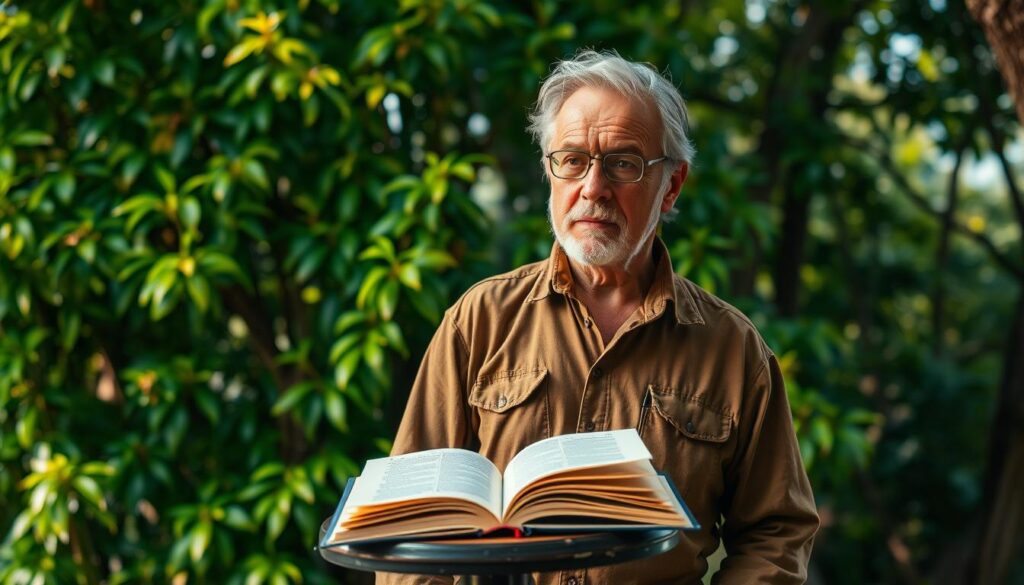A distinguished Polish explorer, writer, and television personality, Wojciech Cejrowski, stands in a pensive pose against a backdrop of lush, verdant foliage. Warm, natural lighting illuminates his weathered features, capturing his adventurous spirit and intellectual curiosity. In the middle ground, an open book rests on a small table, symbolizing his prolific literary career, while the background suggests the far-flung destinations that have inspired his travels and writings. The overall composition conveys a sense of contemplation and the depth of Cejrowski's multifaceted persona, inviting the viewer to delve into the captivating story of this remarkable individual.