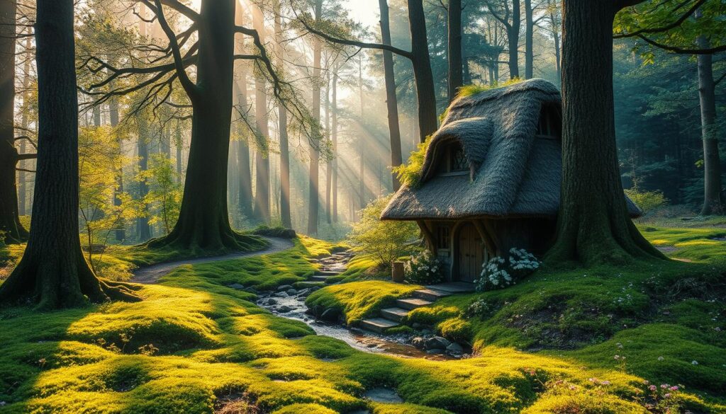 A fantastical forest glade bathed in soft, warm sunlight, with a small, charming cottage nestled among the towering trees. The cottage's thatched roof and whimsical architecture suggest it is the enchanting home of the Tooth Fairy, with delicate flower vines and a bubbling stream nearby. Surrounding the cottage, a verdant carpet of moss and wildflowers creates a serene, magical atmosphere, hinting at the mystical nature of the Tooth Fairy's abode. In the distance, a faint trail winds through the lush foliage, inviting the viewer to explore this captivating, otherworldly setting.