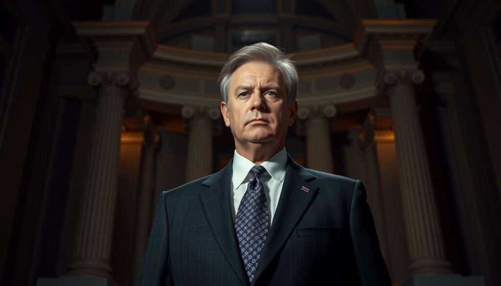 A formal political figure stands in the center of the frame, their expression serious and authoritative. The background is a dimly lit government building, with grand columns and ornate architectural details suggesting power and tradition. Dramatic lighting casts dramatic shadows, highlighting the subject's imposing presence. The overall mood is one of gravitas and influence, underscoring the importance of image in the world of politics.