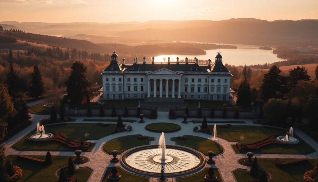 A grand, palatial residence nestled amidst the rolling hills of Valdai, Russia. The main building, a stately neoclassical manor, stands proud, its ornate facade reflecting the soft, golden light of the setting sun. Manicured gardens and fountains adorn the sprawling grounds, exuding an air of luxury and exclusivity. In the distance, the glimmering waters of a private lake provide a serene backdrop, hinting at the secluded nature of this opulent retreat. Elegant spires and domes crown the structure, adding to the sense of grandeur and power. This is the Valdai residence, a hidden sanctuary where Russia's highest-ranking official seeks refuge from the public eye, surrounded by the trappings of wealth and privilege.