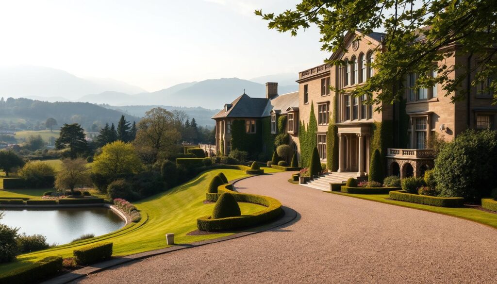 A grand, stately manor nestled amidst rolling hills and lush greenery, its facade adorned with classical architectural flourishes. Tall, arched windows let in warm natural light, casting a cozy, inviting ambiance. In the foreground, a well-manicured garden with meticulously pruned hedges and a winding gravel path leading to the main entrance. The middle ground features a glimpse of a peaceful lake, its glassy surface reflecting the manor's elegant silhouette. The background is filled with a picturesque countryside landscape, complete with distant mountains shrouded in a soft, hazy mist. An air of refined sophistication and dignified tranquility permeates the scene, befitting the residence of a prominent public figure. A grand, stately manor nestled amidst rolling hills and lush greenery, its facade adorned with classical architectural flourishes. Tall, arched windows let in warm natural light, casting a cozy, inviting ambiance. In the foreground, a well-manicured garden with meticulously pruned hedges and a winding gravel path leading to the main entrance. The middle ground features a glimpse of a peaceful lake, its glassy surface reflecting the manor's elegant silhouette. The background is filled with a picturesque countryside landscape, complete with distant mountains shrouded in a soft, hazy mist. An air of refined sophistication and dignified tranquility permeates the scene, befitting the residence of a prominent public figure.