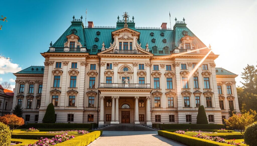 A grand, stately palace stands tall, its baroque facade a testament to Poland's rich architectural heritage. The Belweder, with its distinctive green copper roof, serves as the official residence of the President of Poland, a symbol of the nation's highest office. Sunlight filters through the ornate windows, casting a warm glow across the intricate stone carvings and columned entryway. Manicured gardens surround the palace, their lush greenery and blooming flowers adding to the regal ambiance. A sense of history and tradition permeates the scene, as the Belweder continues to be a central figure in Poland's political and cultural landscape. A grand, stately palace stands tall, its baroque facade a testament to Poland's rich architectural heritage. The Belweder, with its distinctive green copper roof, serves as the official residence of the President of Poland, a symbol of the nation's highest office. Sunlight filters through the ornate windows, casting a warm glow across the intricate stone carvings and columned entryway. Manicured gardens surround the palace, their lush greenery and blooming flowers adding to the regal ambiance. A sense of history and tradition permeates the scene, as the Belweder continues to be a central figure in Poland's political and cultural landscape.