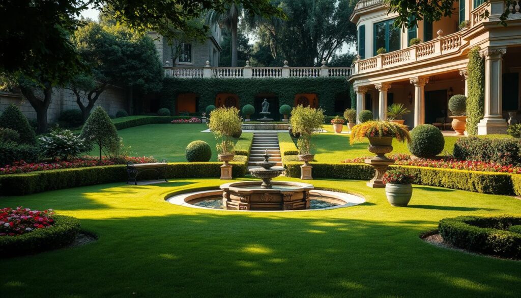 A lush, meticulously manicured garden with a serene, private oasis at the heart of a luxurious villa. The foreground features a perfectly groomed lawn, dotted with vibrant flower beds and neatly trimmed hedges. In the middle ground, a tranquil, gently flowing water feature surrounded by ornate stone benches and artfully placed potted plants, creating a calming atmosphere. The background showcases the villa's grand, elegant architecture, with large, sun-drenched windows and a terrace overlooking the verdant landscape. Soft, warm lighting illuminates the scene, highlighting the natural textures and colors. The overall impression is one of sophisticated refinement and a peaceful, contemplative ambiance. A lush, meticulously manicured garden with a serene, private oasis at the heart of a luxurious villa. The foreground features a perfectly groomed lawn, dotted with vibrant flower beds and neatly trimmed hedges. In the middle ground, a tranquil, gently flowing water feature surrounded by ornate stone benches and artfully placed potted plants, creating a calming atmosphere. The background showcases the villa's grand, elegant architecture, with large, sun-drenched windows and a terrace overlooking the verdant landscape. Soft, warm lighting illuminates the scene, highlighting the natural textures and colors. The overall impression is one of sophisticated refinement and a peaceful, contemplative ambiance.