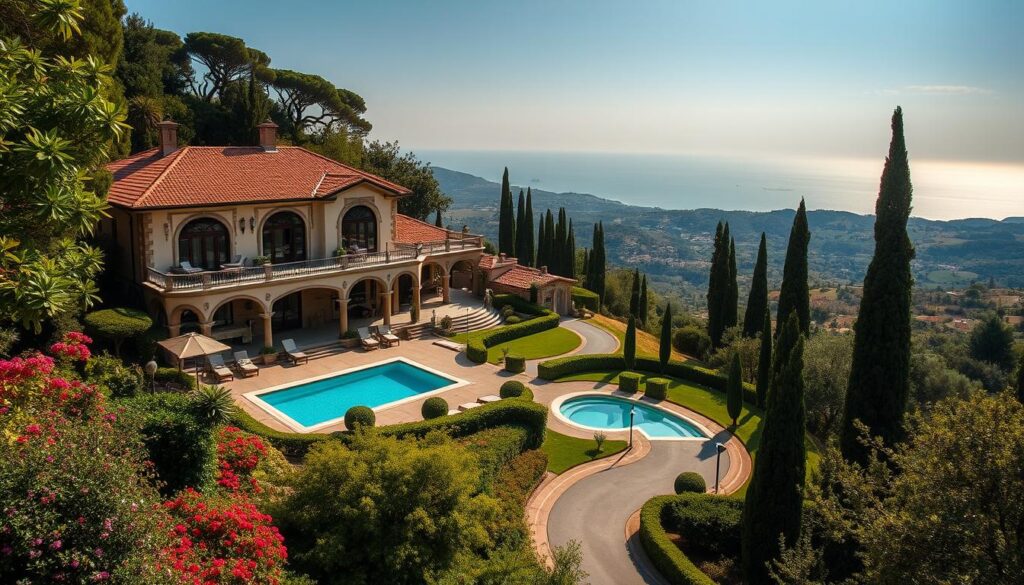 A luxurious villa nestled amidst lush greenery, with sweeping vistas of a picturesque Mediterranean landscape. The elegant two-story residence, designed in a timeless Italian style, boasts ornate architectural details and grand, arched windows that bathe the interiors in warm, golden light. In the foreground, a well-manicured garden with vibrant flora and a sparkling, azure swimming pool invites relaxation. The middle ground features a winding driveway leading up to the villa, flanked by manicured hedges and towering cypress trees. In the distance, rolling hills dotted with olive groves and the shimmering horizon of the sea create a serene and tranquil atmosphere. This luxurious retreat, a testament to Sophia Loren's refined taste and glamorous lifestyle, evokes the essence of Mediterranean elegance.