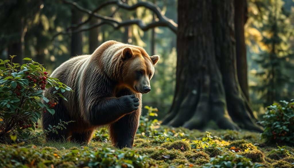 A majestic brown bear standing in a lush, verdant forest. The bear's thick fur glistens in the soft, diffused lighting, hinting at the power and grace of its movements. In the foreground, the bear is intently inspecting a berry bush, its huge paws delicately plucking the ripe fruit. Behind it, the forest floor is carpeted with ferns and moss, creating a sense of tranquility and seclusion. Tall, ancient trees stretch towards the sky, their branches filtering the sunlight into dappled patterns on the ground. The overall scene conveys the bear's intimate connection with its natural habitat, showcasing the unique behaviors and habits that define the life of this iconic creature.