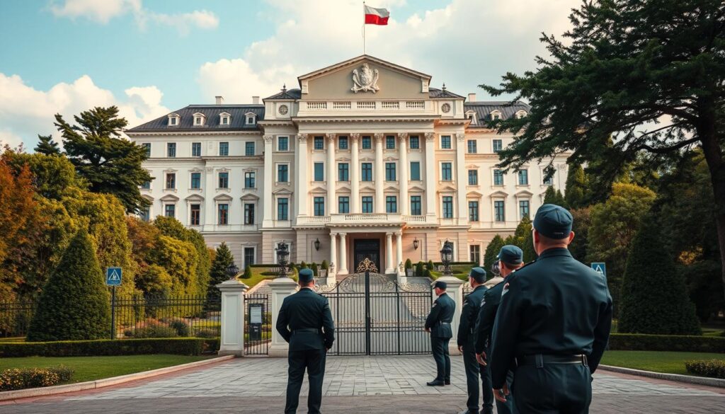 A majestic presidential palace stands tall, its grand architecture and lush gardens evoking a sense of power and prestige. In the foreground, a team of elite security guards, clad in sleek uniforms, vigilantly patrol the perimeter, their watchful gaze ensuring the safety and privacy of the esteemed resident. The middle ground features a meticulously designed, secure entry point, complete with advanced surveillance systems and access controls, safeguarding the president's sanctuary. In the distance, the cityscape fades into the horizon, a testament to the careful balance between accessibility and seclusion that defines the presidential address. The overall atmosphere is one of unwavering protection, a harmonious blend of grandeur and discretion befitting the office of the President of Poland. A majestic presidential palace stands tall, its grand architecture and lush gardens evoking a sense of power and prestige. In the foreground, a team of elite security guards, clad in sleek uniforms, vigilantly patrol the perimeter, their watchful gaze ensuring the safety and privacy of the esteemed resident. The middle ground features a meticulously designed, secure entry point, complete with advanced surveillance systems and access controls, safeguarding the president's sanctuary. In the distance, the cityscape fades into the horizon, a testament to the careful balance between accessibility and seclusion that defines the presidential address. The overall atmosphere is one of unwavering protection, a harmonious blend of grandeur and discretion befitting the office of the President of Poland.