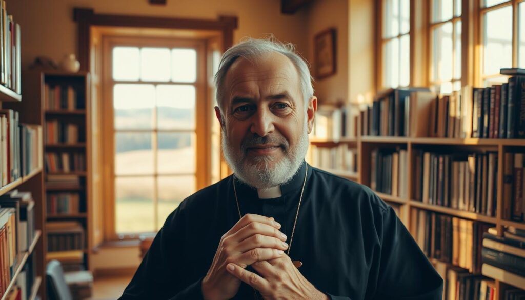A medium shot of Augustyn Pelanowski, a renowned Catholic priest, standing in a sunlit study surrounded by rows of books. His weathered face exudes a sense of contemplation, and his hands are clasped in front of him, suggesting a lifetime of deep spiritual reflection. The room's warm, golden tones and the soft, diffused lighting create an atmosphere of tranquility and introspection, mirroring the subject's thoughtful demeanor. In the background, a large window provides a glimpse of a pastoral landscape, hinting at Pelanowski's connection to the natural world and his role as a shepherd to his flock.