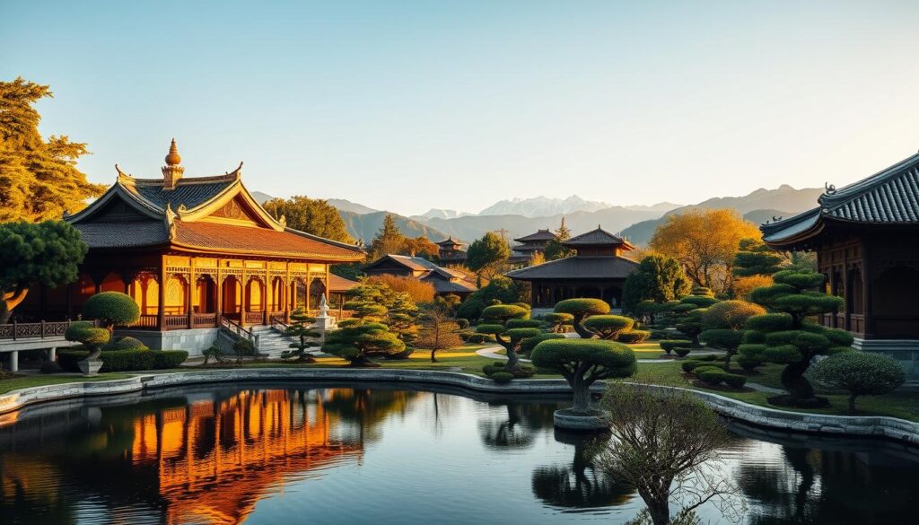 A peaceful Buddhist monastery nestled in a lush, verdant landscape. The architecture features intricate carved stonework and ornate rooftops, bathed in warm, golden sunlight. The foreground showcases a tranquil pond, its surface mirroring the surrounding buildings. In the middle ground, a serene garden with meticulously maintained bonsai trees and carefully pruned shrubs. The background reveals rolling hills and distant snow-capped peaks, creating a sense of isolation and contemplation. The overall scene evokes a timeless, spiritual atmosphere, perfect for capturing the essence of the Buddha's dwelling.