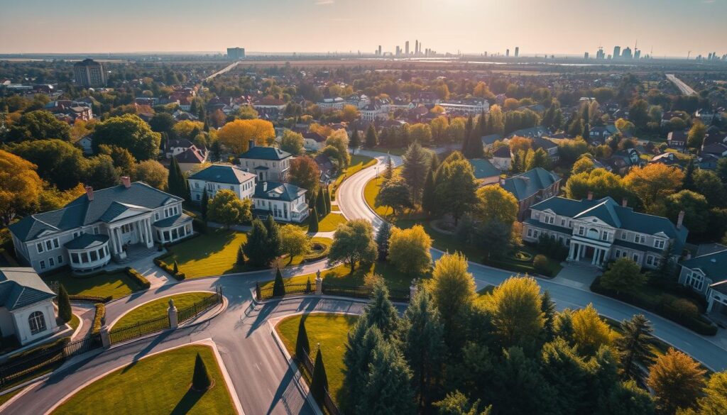 A picturesque aerial view of a prestigious neighborhood, showcasing the lavish residences of renowned Polish celebrities. The foreground features well-manicured lawns, elegant architecture, and private security gates, hinting at the exclusivity and privacy of these sought-after addresses. The middle ground captures the winding roads and lush tree-lined streets, creating a serene and tranquil atmosphere. In the background, the skyline is dotted with towering skyscrapers, reflecting the vibrant urban landscape that surrounds these secluded celebrity enclaves. The scene is illuminated by warm, golden sunlight, casting a sense of affluence and prestige over the entire composition.