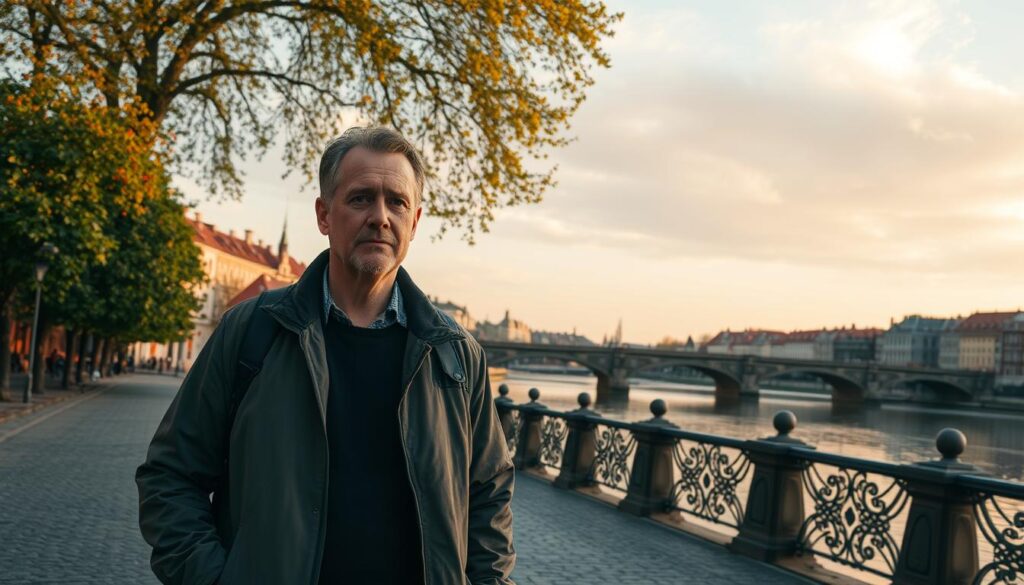 A picturesque cityscape of Bydgoszcz, Poland in the late afternoon. The iconic Bydgoszcz Old Town Bridge spans a tranquil river, its reflection dancing on the water's surface. In the foreground, a middle-aged man with a pensive expression walks along the cobblestone streets, retracing the steps of his youth. Warm, golden light filters through the trees, casting a nostalgic glow over the historic buildings. Wispy clouds drift across a soft, pastel sky, creating a sense of tranquility and introspection. The scene evokes a feeling of homecoming and the bittersweet nature of revisiting one's roots in later life.