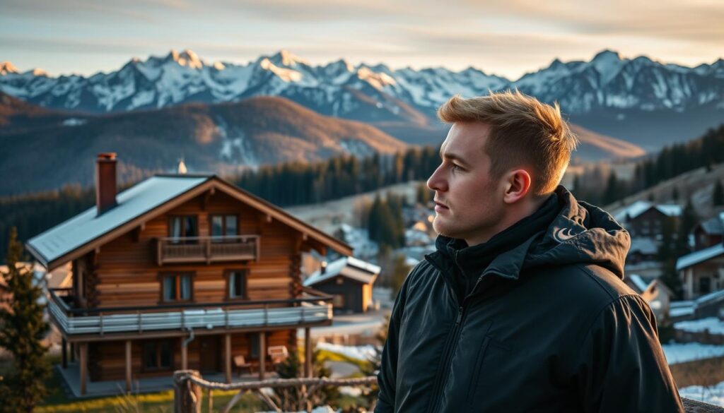 A picturesque mountain town nestled in the Beskid Śląski range, Ustroń serves as the new home for Polish ski jumper Piotr Żyła. In the foreground, a cozy chalet-style home stands, its wooden façade complementing the surrounding alpine scenery. Żyła, captured in a thoughtful pose, gazes out towards the distant peaks, reflecting on his decision to relocate. The mid-ground reveals a quaint town center, its traditional architecture and winding streets hinting at the tranquil, community-oriented lifestyle Żyła now embraces. In the background, snow-capped mountains rise majestically, their jagged silhouettes mirroring the athlete's determination and drive. Warm, golden light filters through the scene, evoking a sense of contentment and inspiration that has drawn Żyła to this picturesque corner of southern Poland. A picturesque mountain town nestled in the Beskid Śląski range, Ustroń serves as the new home for Polish ski jumper Piotr Żyła. In the foreground, a cozy chalet-style home stands, its wooden façade complementing the surrounding alpine scenery. Żyła, captured in a thoughtful pose, gazes out towards the distant peaks, reflecting on his decision to relocate. The mid-ground reveals a quaint town center, its traditional architecture and winding streets hinting at the tranquil, community-oriented lifestyle Żyła now embraces. In the background, snow-capped mountains rise majestically, their jagged silhouettes mirroring the athlete's determination and drive. Warm, golden light filters through the scene, evoking a sense of contentment and inspiration that has drawn Żyła to this picturesque corner of southern Poland.